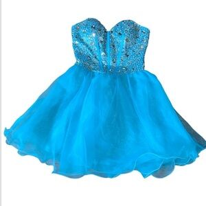Blue Strapless Corset Beaded Top and Tulle Skirt Short Formal Prom Dress Size 8